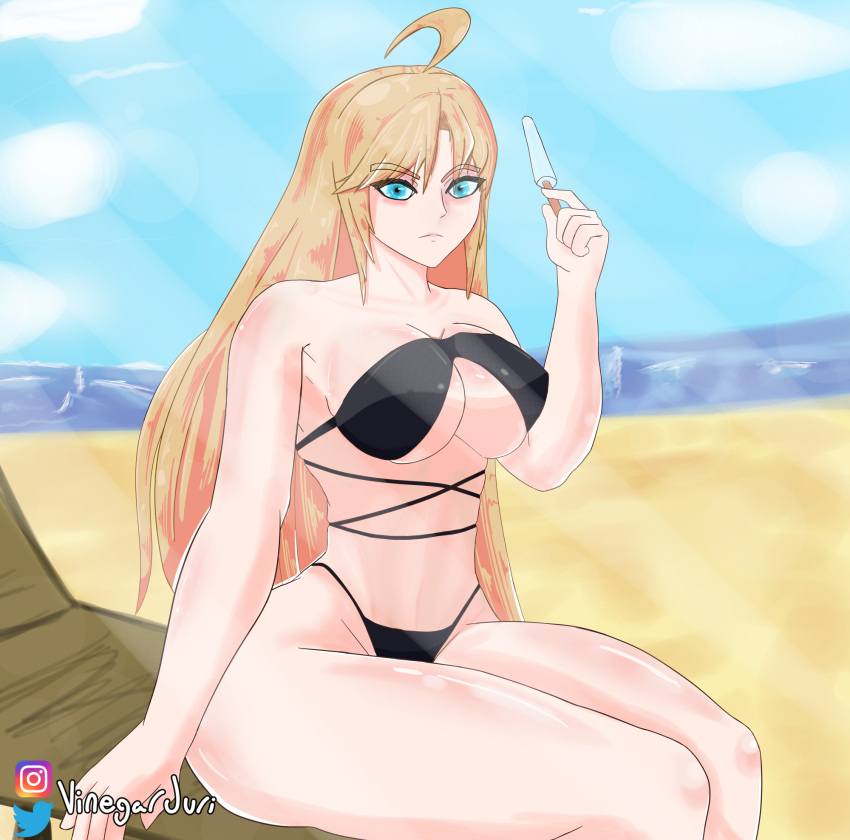 1girl 1girl 1girl ahoge alluring alternate_costume bare_legs bare_shoulders beach beach_chair big_breasts bikini black_bikini black_swimsuit blonde_hair blue_eyes breasts chair clarisse_(fire_emblem) cleavage collarbone day female_only fire_emblem fire_emblem:_new_mystery_of_the_emblem food frown ice_cream intelligent_systems legs long_hair nintendo ocean outside popsicle shoulders sitting swimsuit thick_thighs under_boob very_long_hair vinegar_juri