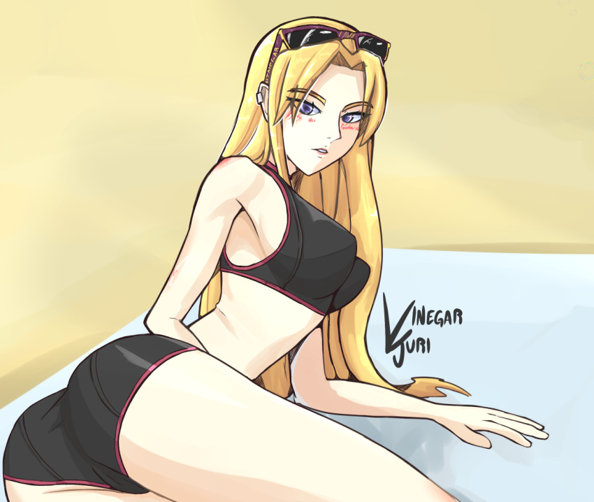 1girl 1girl 1girl alluring alternate_costume ass bare_arms bare_thighs beach big_ass bikini black_bikini black_swimsuit blonde_hair blue_eyes clarisse_(fire_emblem) female_only fire_emblem fire_emblem:_new_mystery_of_the_emblem intelligent_systems long_hair looking_at_viewer looking_back medium_breasts nintendo outside sunglasses sunglasses_on_head swimsuit thighs thin_waist very_long_hair vinegar_juri yellow_hair