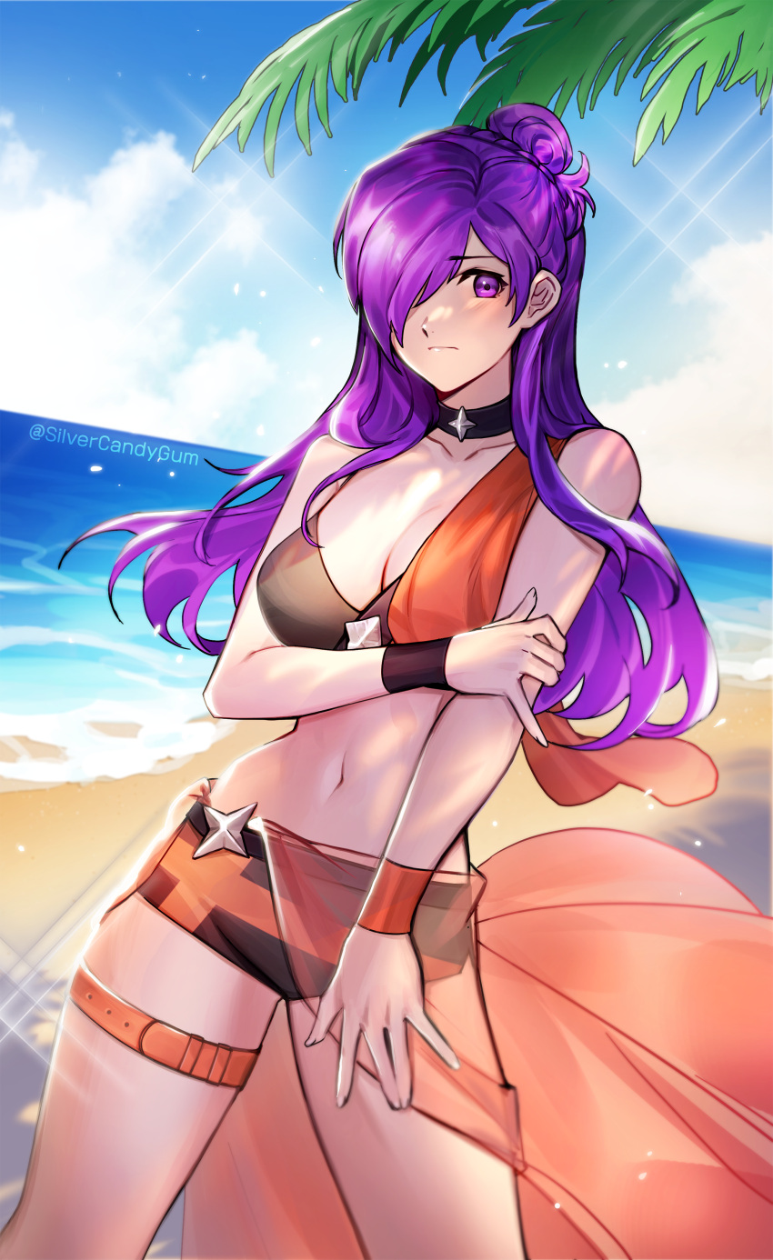 ) 1girl 1girl absurd_res adapted_costume alluring bare_arms bare_shoulders beach big_breasts bikini black_bikini black_choker blue_sky choker cleavage cloud collarbone commentary commission cowboy_shot day female_focus fire_emblem fire_emblem:_three_houses fire_emblem_warriors:_three_hopes hair_bun hair_over_one_eye high_res intelligent_systems long_hair looking_at_viewer matching_hair/eyes navel nintendo ocean outside pixiv_commission purple_eyes purple_hair sarong shez_(fire_emblem) shez_(fire_emblem)_(female) shez_(summer)_(fire_emblem) silvercandy_gum sky standing stomach swimsuit thigh_strap thighs twitter_username water wristband
