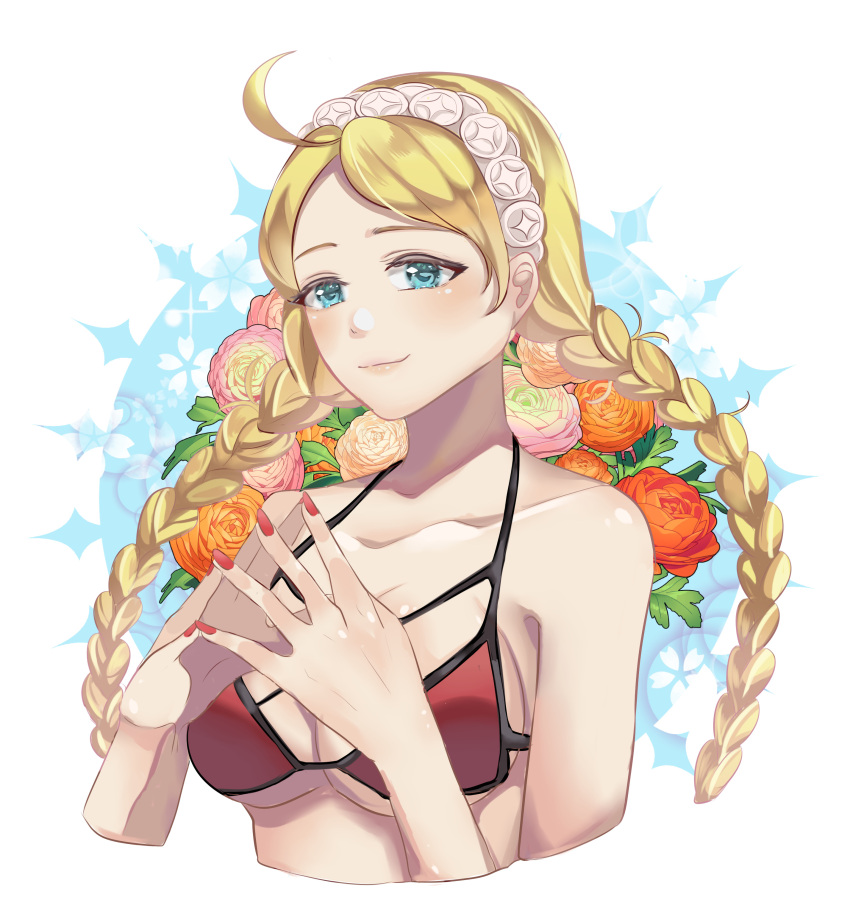 1girl 1girl absurd_res ahoge alluring alternate_costume bare_shoulders bikini blonde_hair blue_eyes braid cleavage closed_mouth commission commissioner_upload fire_emblem fire_emblem_fates flower hairband high_res intelligent_systems lapislazulite long_hair medium_breasts nail_polish nina_(fire_emblem) nintendo non-web_source red_bikini red_nails swimsuit twin_braids under_boob