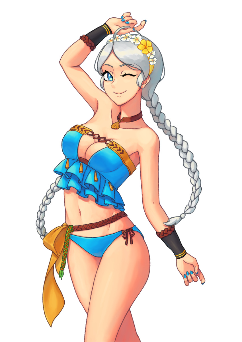 1girl 1girl absurd_res ahoge alluring bikini blue_bikini blue_eyes blue_nails braid choker commission commissioner_upload cosplay female_focus fire_emblem fire_emblem_fates fire_emblem_heroes flower frilled_bikini frills grey_hair hair_flower hair_ornament hairband high_res intelligent_systems jappardraws long_hair looking_at_viewer low_twin_braids lyn_(fire_emblem)_(cosplay) medium_breasts nail_polish nina_(fire_emblem) nintendo non-web_source official_alternate_costume one_eye_closed parted_bangs seashell shell smile swimsuit twin_braids upper_body