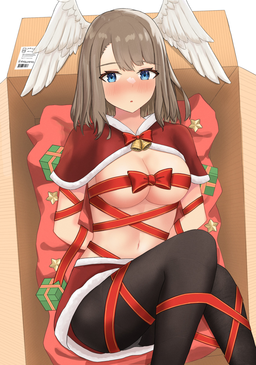 1girl 1girl absurd_res alluring alternate_costume bell big_breasts big_breasts black_legwear blue_eyes blush bondage bound bowtie box breasts_out brown_hair christmas curvy embarrassed eunie_(xenoblade) female_only girl_in_a_box high_res in_box in_container keaworks legwear long_hair monolith_soft naked_ribbon nintendo red_skirt ribbon skirt slim_waist thick_thighs thighs tied_up voluptuous wide_hips xenoblade_(series) xenoblade_chronicles_3