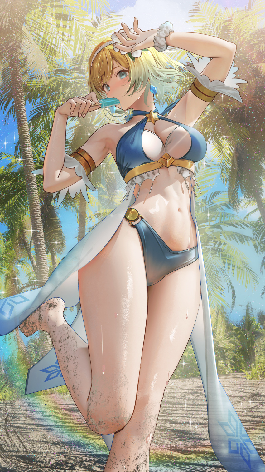 1girl 1girl absurd_res alluring armlet bikini blonde_and_teal_hair blue_bikini blue_eyes blue_sky cleavage cloud commission earrings fire_emblem fire_emblem_heroes fjorm_(fire_emblem) fjorm_(summer)_(fire_emblem) food food_in_mouth gradient_hair high_res holding holding_food holding_popsicle intelligent_systems jewelry looking_at_viewer medium_breasts multicolored_hair nanaken_nana navel nintendo official_alternate_costume outside popsicle popsicle_in_mouth second-party_source short_hair skeb_commission sky standing standing_on_one_leg sunlight swimsuit two-tone_hair