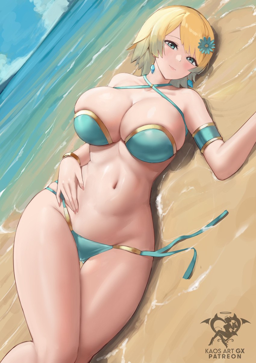 1girl 1girl absurd_res alternate_breast_size artist_logo bare_arms bare_legs bare_shoulders beach big_breasts bikini blonde_and_teal_hair blue_bikini blue_eyes blue_flower blue_hair breasts cleavage closed_mouth criss-cross_halter day dutch_angle earrings fire_emblem fjorm_(fire_emblem) flower gluteal_fold gradient_hair hair_flower hair_ornament halterneck high_res intelligent_systems jewelry kaos_art light_smile logo looking_at_viewer lying multicolored_hair navel nintendo ocean on_side outside short_hair side-tie_bikini_bottom stomach summer swimsuit thigh_gap untied_bikini