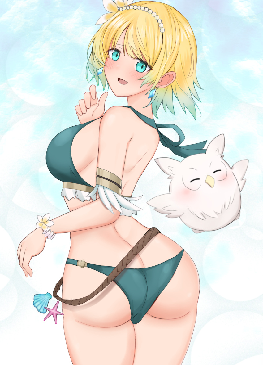 1girl 1girl alluring alternate_costume aqua_bikini armband ass beach bikini blonde_and_teal_hair blue_eyes butt_crack character_doll doll earrings feh_(fire_emblem_heroes) fire_emblem fire_emblem_heroes fjorm_(fire_emblem) fjorm_(summer)_(fire_emblem) flower hair_flower hair_ornament high_res inflatable_toy intelligent_systems jewelry looking_at_viewer looking_back medium_breasts nintendo official_alternate_costume parted_lips short_hair sideboob smile swimsuit toshima19699496 twirling_hair