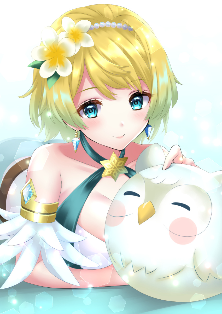 1girl 1girl alluring aqua_bikini armband bikini blonde_and_teal_hair blue_eyes character_doll commentary criss-cross_halter doll earrings feh_(fire_emblem_heroes) fire_emblem fire_emblem_heroes fjorm_(fire_emblem) fjorm_(summer)_(fire_emblem) flower hair_flower hair_ornament halterneck high_res inflatable_toy intelligent_systems jewelry kakiko210 lying medium_breasts nintendo official_alternate_costume on_stomach short_hair smile swimsuit