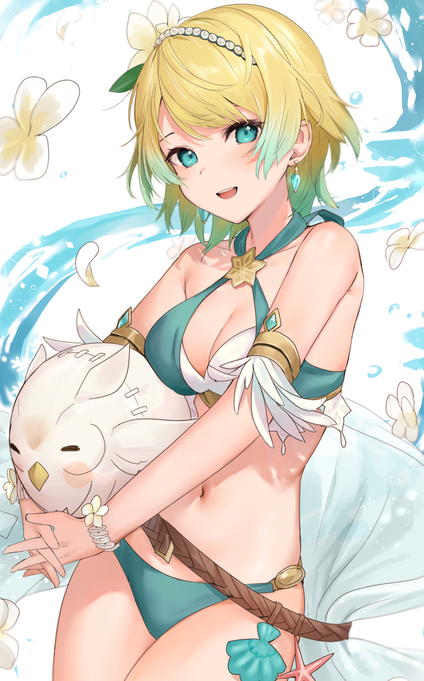 1girl 1girl alluring aqua_bikini bikini blonde_and_teal_hair blue_eyes character_doll criss-cross_halter doll earrings feh_(fire_emblem_heroes) fire_emblem fire_emblem_heroes fjorm_(fire_emblem) fjorm_(summer)_(fire_emblem) flower halterneck haru_(nakajou-28) high_res intelligent_systems jewelry looking_at_viewer medium_breasts navel nintendo official_alternate_costume petals short_hair smile swimsuit teeth upper_teeth_only