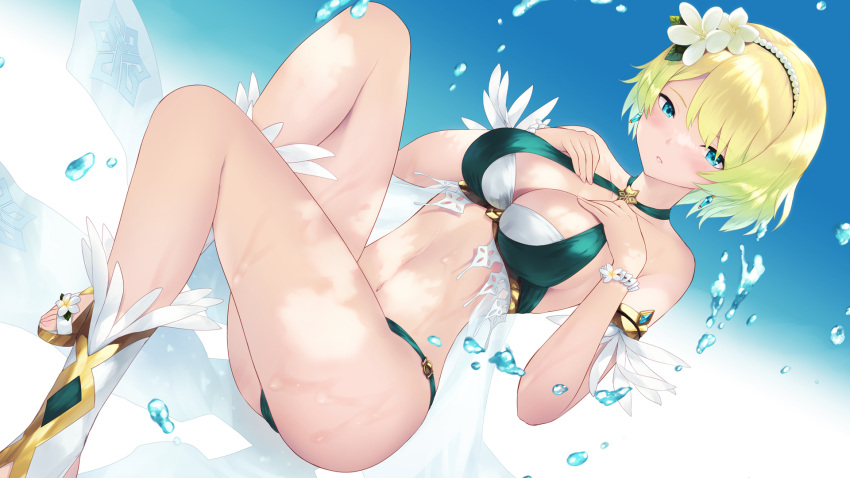 1girl 1girl alluring armlet bare_shoulders big_breasts bikini blonde_and_teal_hair blue_eyes blush cait_aron cleavage collarbone feather_trim fire_emblem fire_emblem_heroes fjorm_(fire_emblem) fjorm_(summer)_(fire_emblem) flower gradient_hair green_bikini hair_flower hair_ornament hairband high_res intelligent_systems jewelry looking_at_viewer multicolored_hair navel nintendo official_alternate_costume short_hair swimsuit
