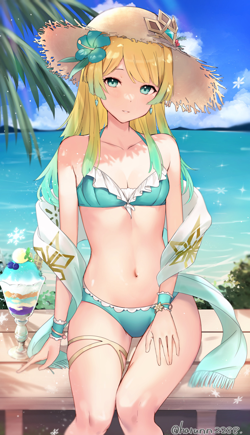 1girl 1girl alluring artist_name bare_shoulders bikini blonde_and_teal_hair blue_eyes blue_sky cleavage cloud cloudy_sky collarbone commentary_request cup day disposable_cup disposable_ice_cream_cup earrings fire_emblem fire_emblem_heroes fjorm_(fire_emblem) flower food gradient_hair haru_(nakajou-28) hat hibiscus high_res ice_cream intelligent_systems jewelry long_hair looking_at_viewer multicolored_hair navel nintendo ocean outside palm_leaf shiny_skin simple_background sitting sky small_breasts smile snowflakes sparkle stomach straw_hat swimsuit thigh_strap water wrist_cuffs