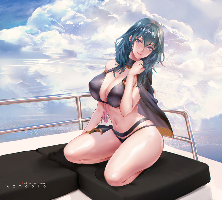 1girl 1girl alluring azto_dio big_breasts bikini black_bikini blue_eyes breasts byleth_(fire_emblem) byleth_(fire_emblem)_(female) byleth_(summer)_(fire_emblem)_(female) cleavage day detached_collar fire_emblem fire_emblem:_three_houses full_body head_tilt high_res intelligent_systems looking_at_viewer nintendo official_alternate_costume outside stomach swimsuit teal_hair thighs