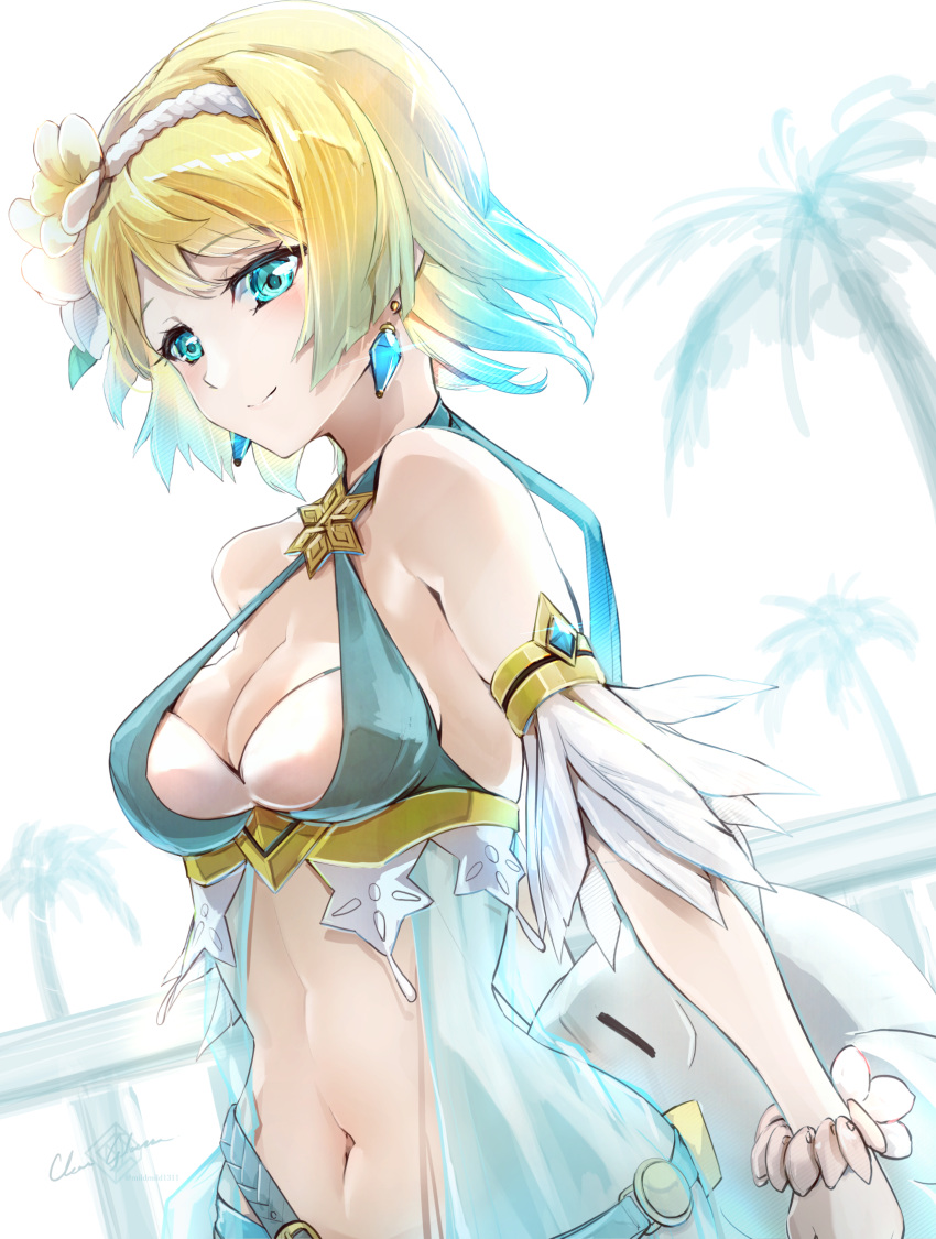 1girl 1girl alluring bikini blonde_hair blue_bikini blue_eyes blue_hair character_doll clear_glass_(mildmild1311) closed_mouth commentary_request doll earrings feh_(fire_emblem_heroes) fire_emblem fire_emblem_heroes fjorm_(fire_emblem) fjorm_(summer)_(fire_emblem) flower gradient_hair hair_flower hair_ornament high_res intelligent_systems jewelry looking_at_viewer medium_breasts multicolored_hair navel nintendo official_alternate_costume short_hair signature smile stomach swimsuit two-tone_hair white_flower