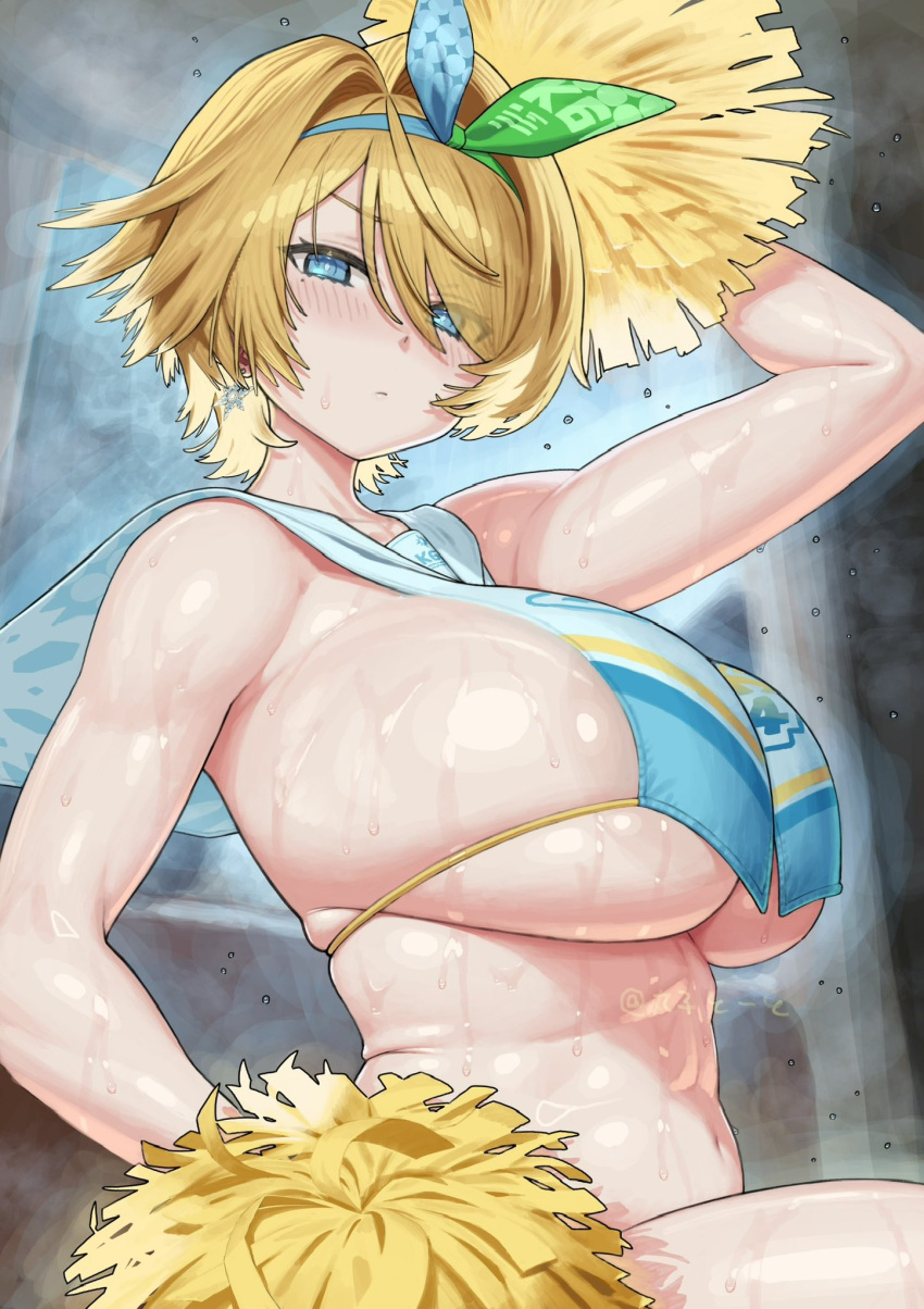 1girl 1girl arm_up blue_eyes blush bow_hairband breasts cheerleader closed_mouth earrings girls'_frontline girls'_frontline_2:_exilium hairband high_res holding holding_pom_poms huge_breasts jewelry maruko_tooto mole mole_under_eye navel nikketa_(girls'_frontline_2) pom_pom_(cheerleading) pom_poms sideboob sitting snowflake_earrings two-tone_hairband vsk-94_(dance_like_the_blazing_sun)_(girls'_frontline) vsk-94_(girls'_frontline)