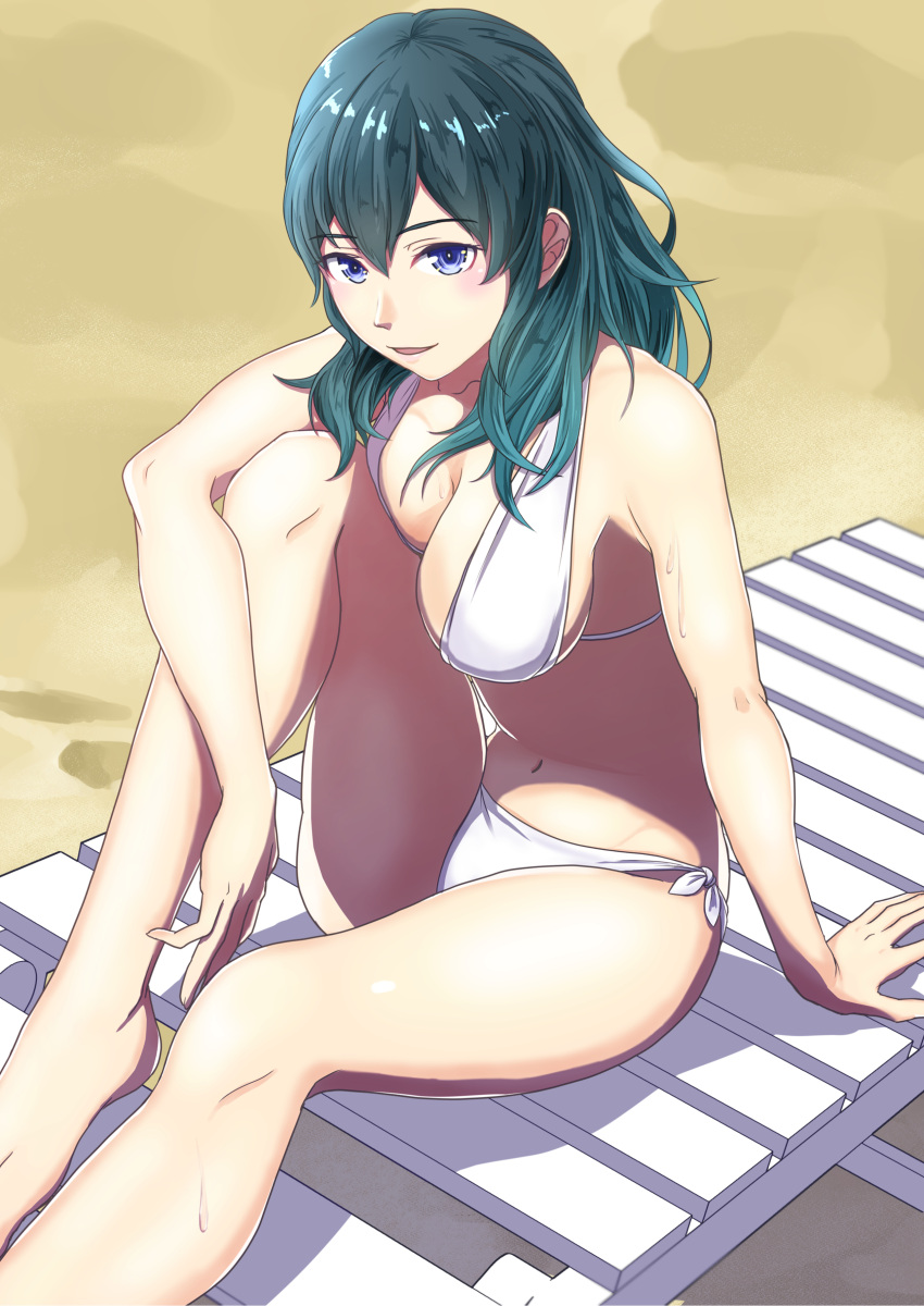 1girl 1girl :d absurd_res alluring beach bikini blue_eyes blush breast_press byleth_(fire_emblem) byleth_(fire_emblem)_(female) cleavage female_focus fire_emblem fire_emblem:_three_houses hair_between_eyes high_res intelligent_systems long_hair medium_breasts nintendo open_mouth outside side-tie_bikini_bottom sideboob sitting smile sukkirito_(rangusan) swimsuit teal_hair white_bikini