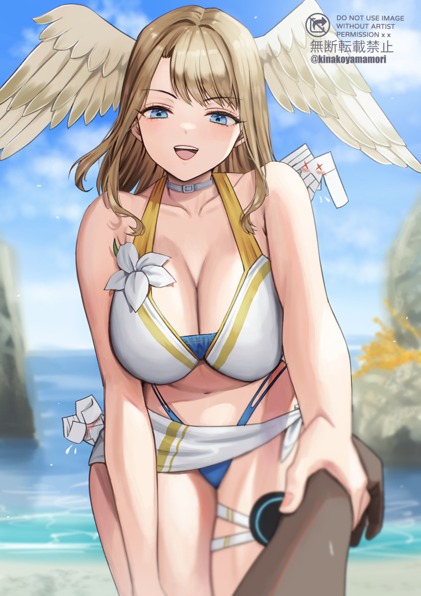 1girl 1other artist_name beach big_breasts bikini blue_eyes blue_sky blurry blurry_background brown_hair choker cleavage collarbone commentary cowboy_shot dark_skin day eunie_(xenoblade) feathered_wings head_wings high_res holding_another's_wrist leaning_forward looking_at_viewer medium_hair navel open_mouth outside pov pov_hands sky smile solo_focus swimsuit taion_(xenoblade) teeth upper_teeth_only white_bikini white_choker white_wings wings xenoblade_(series) xenoblade_chronicles_3 yamamori_kinako