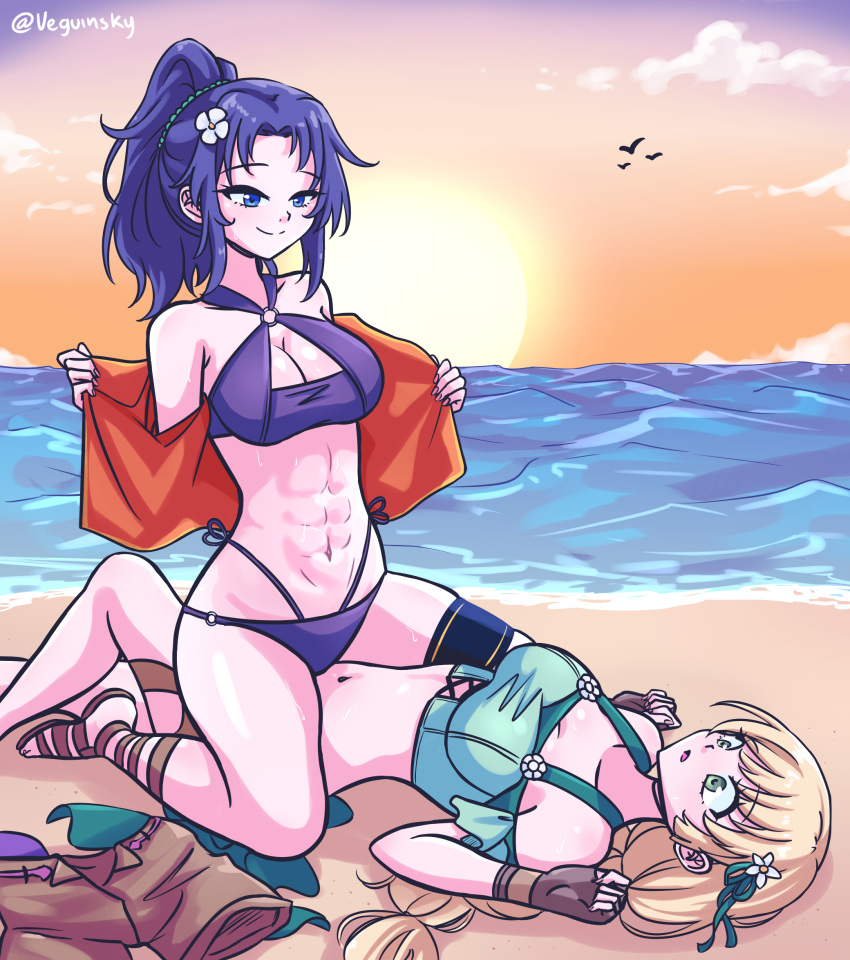 1girl 2_girls abs alluring alternate_costume athletic_female beach bikini blonde_hair blue_bikini blue_eyes blue_hair blue_swimsuit cleavage cowgirl_position female/female female_abs female_only fire_emblem fire_emblem:_new_mystery_of_the_emblem fire_emblem:_three_houses fire_emblem_heroes fit_female green_bikini green_eyes green_swimsuit imminent_sex ingrid_brandl_galatea ingrid_brandl_galatea_(summer) kris_(fire_emblem) kris_(fire_emblem)_(female) medium_breasts multiple_females multiple_girls nintendo official_alternate_costume outside sitting_on_person spread_legs straddling sunset swimsuit undressing veguinsky vewuinsky yuri