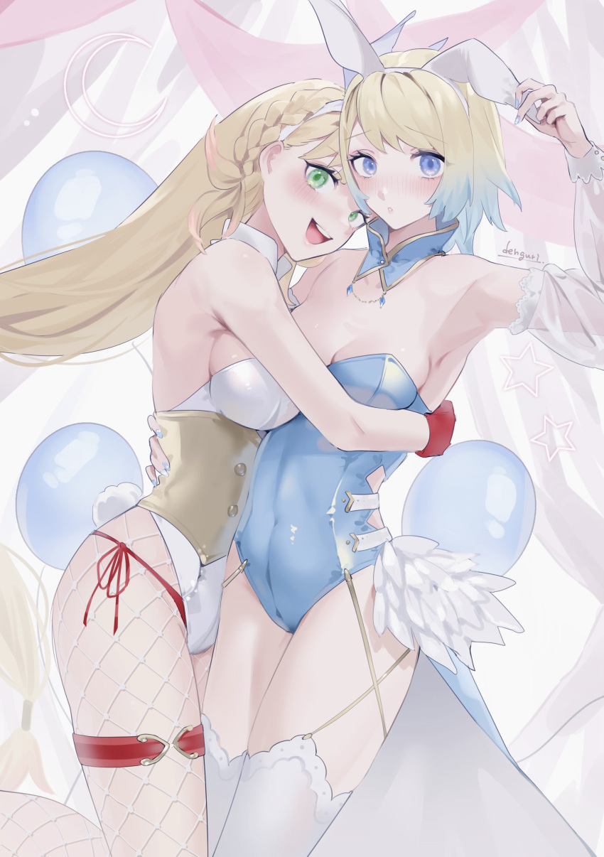 1girl 2_girls absurd_res alluring alternate_costume animal_ears blonde_female blonde_hair blue_eyes blue_hair blush braid bunny_ears bunny_girl bunnysuit cleavage clothed detached_collar fake_animal_ears female_only fire_emblem fire_emblem_heroes fishnets fjorm_(fire_emblem) gradient_hair green_eyes high_res hugging intelligent_systems leotard long_hair medium_breasts multicolored_hair multiple_females multiple_girls nintendo open_mouth pantyhose playboy_bunny rabbit_ears sakuramotikun sharena_(fire_emblem) short_hair small_breasts smile strapless strapless_leotard wrist_cuffs yuri