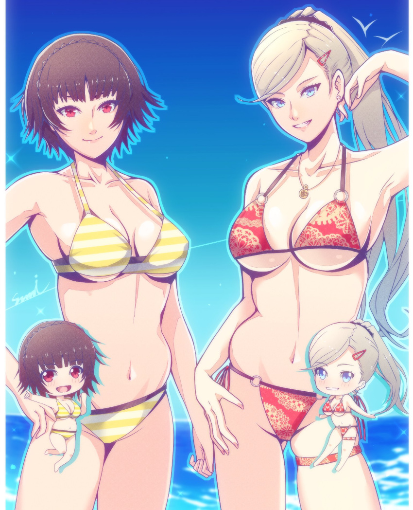 1girl 2_girls alluring alternate_costume alternate_hairstyle ann_takamaki atlus big_breasts bikini bird blonde_hair blue_eyes blue_sky braid brown_hair cleavage closed_mouth collarbone commentary_request corner50777313 cowboy_shot crown_braid earrings full_body gluteal_fold high_ponytail high_res jewelry light_blush long_hair looking_at_viewer makoto_niijima medium_breasts multiple_females multiple_girls multiple_views necklace o-ring o-ring_bikini o-ring_bottom o-ring_top open_mouth persona persona_5 ponytail red_eyes seagull sega short_hair signature sky smile standing swimsuit thigh_strap under_boob
