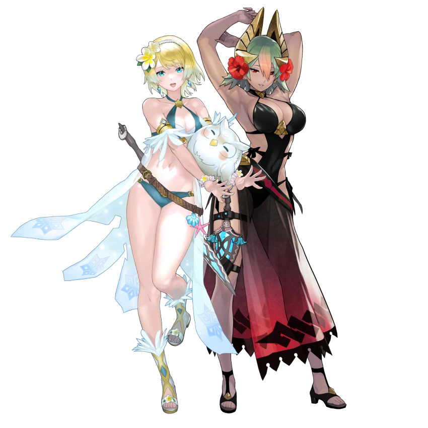 1girl 2_girls alluring armpits belt big_breasts bikini black_one-piece_bikini blonde_hair blue_eyes bracelet cleavage collarbone criss-cross_halter dark-skinned_female dark_skin earrings feather_trim feh_(fire_emblem_heroes) female_focus fire_emblem fire_emblem_heroes fjorm_(fire_emblem) fjorm_(summer)_(fire_emblem) flower full_body gradient_eyes gradient_hair green_hair hair_flower hair_ornament hairband halterneck hibiscus high_heels high_res holding intelligent_systems jewelry laegjarn_(fire_emblem) leg_lift looking_at_viewer maeshima_shigeki medium_breasts multicolored_eyes multicolored_hair multiple_girls navel nintendo non-web_source official_alternate_costume one-piece_bikini orange_hair parted_lips red_eyes seashell shell short_hair sideboob standing starfish stomach swimsuit sword thigh_strap thighs toeless_footwear toes transparent_background weapon