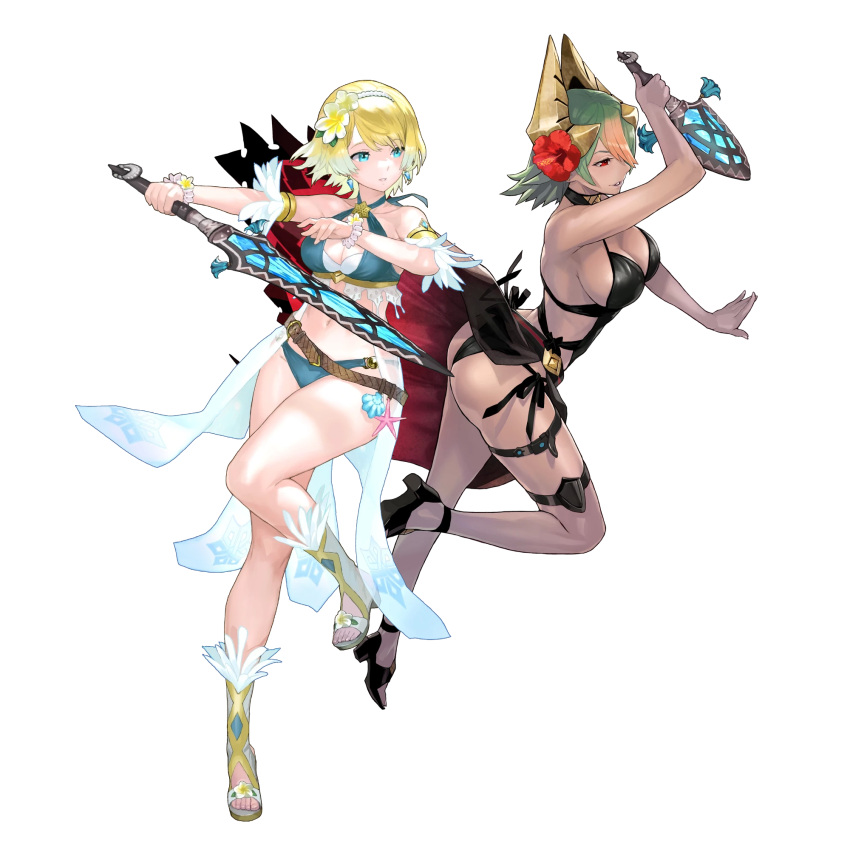 1girl 2_girls alluring ass belt big_breasts bikini black_one-piece_bikini blonde_hair blue_eyes bracelet cleavage collarbone criss-cross_halter dark-skinned_female dark_skin earrings feather_trim female_focus fire_emblem fire_emblem_heroes fjorm_(fire_emblem) fjorm_(summer)_(fire_emblem) flower full_body gradient_eyes gradient_hair green_hair hair_flower hair_ornament hairband halterneck hibiscus high_heels high_res holding holding_sword holding_weapon intelligent_systems jewelry laegjarn_(fire_emblem) leg_lift maeshima_shigeki medium_breasts multicolored_eyes multicolored_hair multiple_girls navel nintendo non-web_source official_alternate_costume one-piece_bikini orange_hair parted_lips red_eyes sandals seashell shell short_hair sideboob standing starfish stomach swimsuit sword thigh_strap thighs toes transparent_background weapon