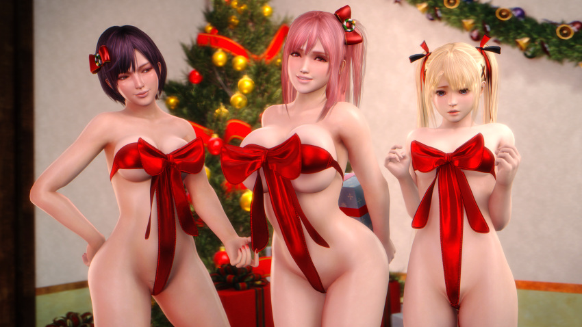 1girl 3_girls 3d 3d_render alluring blonde_hair blue_eyes christmas christmas_tree dead_or_alive dead_or_alive_6 dead_or_alive_xtreme_venus_vacation female_only honoka_(doa) indoors marie_rose nagisa_(doa) naked_ribbon naughty_face noname55 partially_clothed partially_clothed_female pink_eyes pink_hair pubic_hair red_ribbon ribbon silf standing tecmo