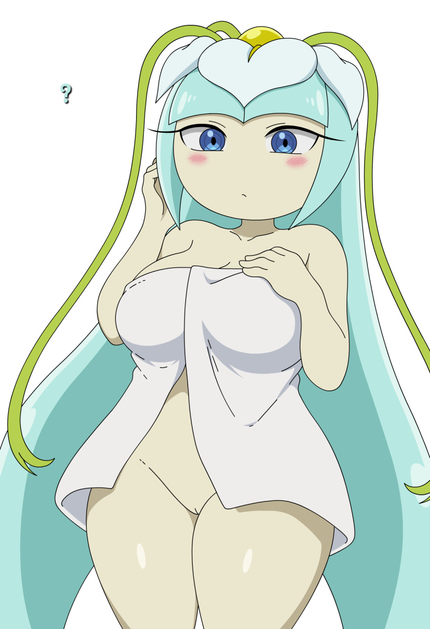 1girl 4kids_entertainment anthro big_breasts blue_eyes blue_hair blush blush_lines breasts clothed clothing digital_media_(artwork) earthia_the_seedrian elemental_creature elemental_humanoid female flora_fauna genitals hair high_res humanoid looking_at_viewer mammal mature_female partially_clothed plant plant_hair plant_humanoid pseudo_hair seedrian simple_background solo sonic_(series) sonic_the_hedgehog_(series) sonic_x the-sonic-x thick_thighs tms_entertainment towel vulva wide_hips