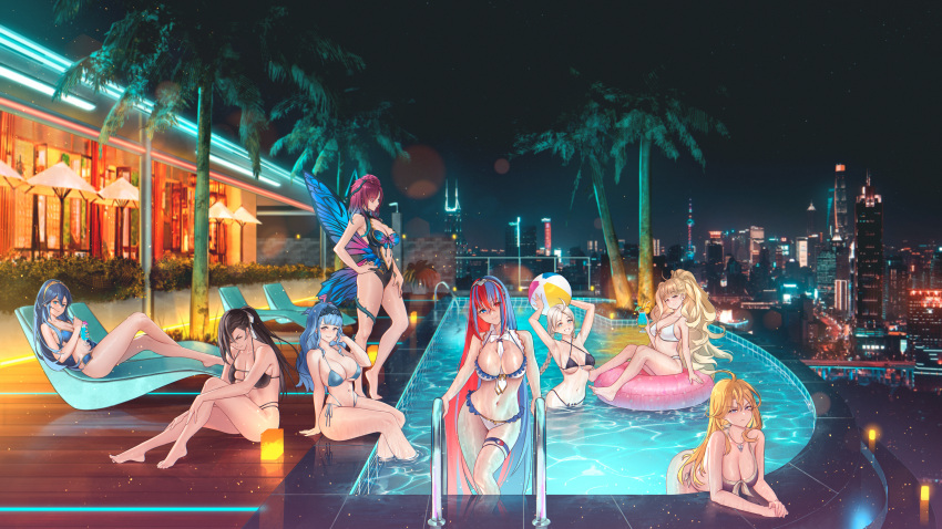 1girl 6+girls absurd_res adapted_costume ahoge alear_(female)_(fire_emblem) alear_(fire_emblem) alternate_costume ball_(object) bangs beachball bikini black_bikini black_hair black_one-piece_bikini blonde_hair blue_bikini blue_eyes blue_hair braid brown_eyes caustics city_lights cityscape clarisse_(fire_emblem) commission commission_art drink earrings eitri_(fire_emblem) feet female_only fire_emblem fire_emblem:_new_mystery_of_the_emblem fire_emblem:_three_houses fire_emblem_awakening fire_emblem_engage fire_emblem_fates fire_emblem_heroes fire_emblem_warriors fire_emblem_warriors:_three_hopes frilled_bikini frills grey_hair heterochromia high_res holding holding_ball holding_drink innertube intelligent_systems jewelry kagero_(fire_emblem) long_hair looking_at_viewer looking_to_the_side low_twintails lucina lucina_(fire_emblem) marianne_von_edmund medium_breasts micro_bikini multicolored_hair multiple_females multiple_girls navel necklace night nina_(fire_emblem) nintendo official_alternate_hairstyle one-piece_bikini palm_tree parted_bangs pool purple_hair red_eyes red_hair shizuko_hideyoshi smile standing swimming_pool swimsuit tree triandra_(fire_emblem) twin_braids twin_tails two-tone_hair very_long_hair wet_body white_bikini yellow_eyes