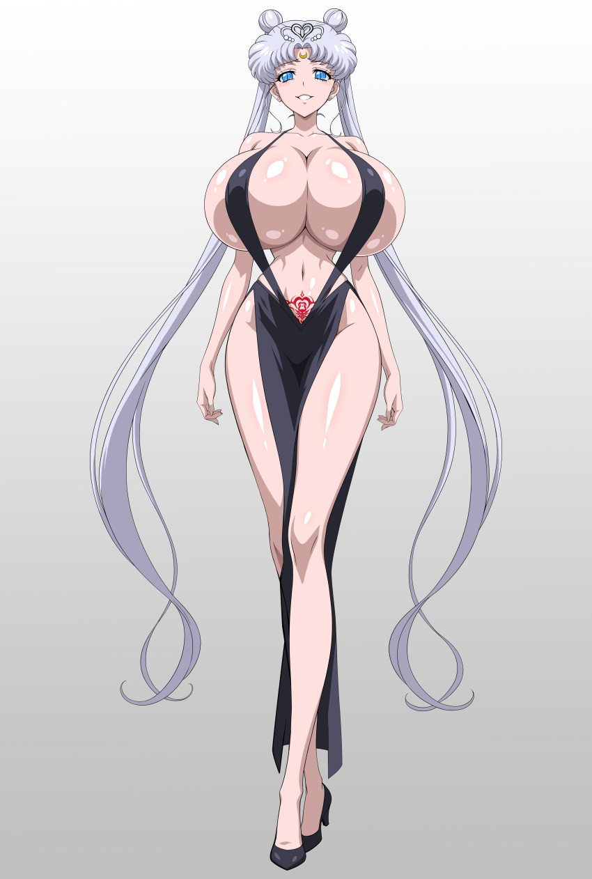 1girl absurd_res adult_swim alluring alternate_breast_size bishoujo_senshi_sailor_moon black_shoes blue_eyes cleavage crossed_legs double_bun dress full_body gradient_background grey_background hair_bun halter_dress halterneck high_heels high_res long_hair looking_at_viewer navel no_bra no_socks pelvic_curtain pubic_tattoo queen_serenity revealing_clothes shiny_skin shoes smile standing tattoo toei_animation toonami twin_tails very_long_hair viz_media white_background white_hair yxyyxy