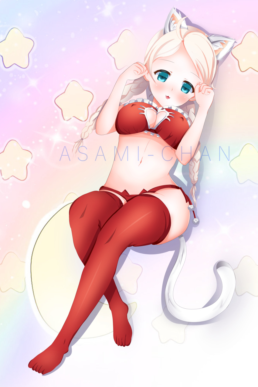 1girl absurd_res ahoge alluring alternate_costume animal_ears arms_up asamichanart big_breasts blue_eyes braid cat_ears cat_lingerie cat_tail commission fang fire_emblem fire_emblem_fates high_res intelligent_systems looking_at_viewer nina_(fire_emblem) nintendo star_(sky) stockings tail twin_braids white_hair