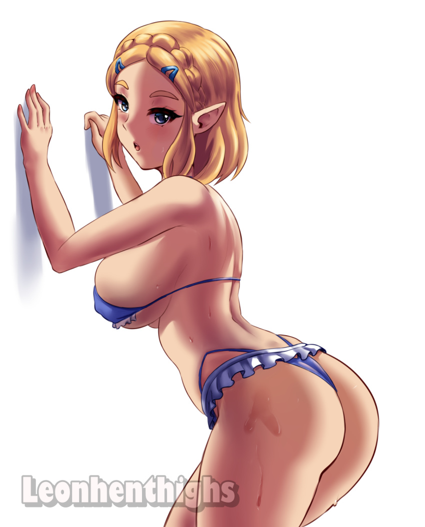 1girl against_wall alluring ass bikini bikini_skirt blonde_hair blue_eyes high_res leonhenthings nintendo pointy_ears princess_zelda short_hair swimsuit the_legend_of_zelda thong_bikini wet
