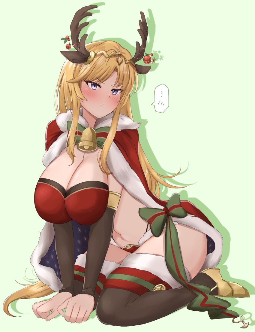 1girl all_fours alluring alternate_breast_size alternate_costume annoyed antlers bare_midriff bare_thighs big_breasts blonde_hair blue_eyes blush bra cape christmas clarisse_(fire_emblem) cleavage cosplay embarrassed female_only fire_emblem fire_emblem:_new_mystery_of_the_emblem fire_emblem_heroes green_background intelligent_systems kneel looking_at_viewer midriff navel nintendo panties red_panties speech_bubble stockings tharja_(fire_emblem)_(cosplay) thighs toshimasa underwear
