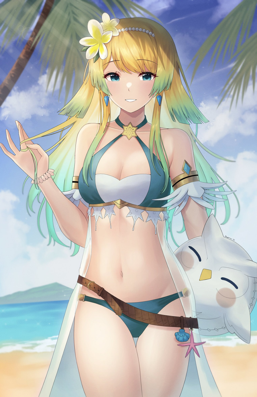 1girl alluring aqua_bikini armband beach bikini blonde_and_teal_hair blue_eyes character_doll commentary doiparuni doll earrings english_commentary feh_(fire_emblem_heroes) fire_emblem fire_emblem_heroes fjorm_(fire_emblem) fjorm_(ice_ascendant)_(fire_emblem) fjorm_(summer)_(fire_emblem) flower hair_flower hair_ornament high_res inflatable_toy intelligent_systems jewelry long_hair looking_at_viewer medium_breasts nintendo official_alternate_costume official_alternate_hairstyle parted_lips smile swimsuit twirling_hair