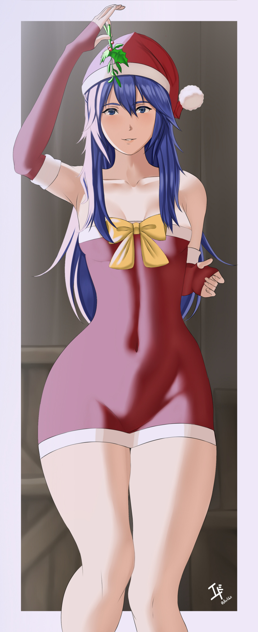 1girl alluring arcedo bare_legs bare_shoulders blue_eyes blue_hair christmas christmas_outfit collarbone female_only fire_emblem fire_emblem_awakening fire_emblem_warriors grin hat intelligent_systems long_hair lucina lucina_(fire_emblem) medium_breasts mistletoe nintendo santa_hat smile symbol-shaped_pupils