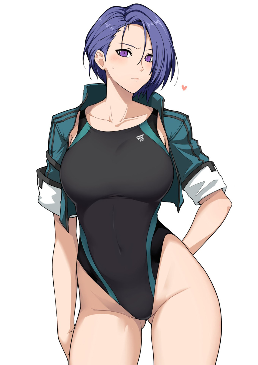 1girl alluring asymmetrical_hair big_breasts black_one-piece_swimsuit blue_eyes blue_hair blush collarbone competition_swimsuit covered_navel fire_emblem fire_emblem:_three_houses forehead halcon high_res highleg highleg_one-piece_swimsuit intelligent_systems jacket looking_at_viewer nintendo one-piece_bikini open_clothes open_jacket parted_bangs shamir_nevrand short_hair short_sleeves simple_background swimsuit thighs whistle whistle_around_neck white_background