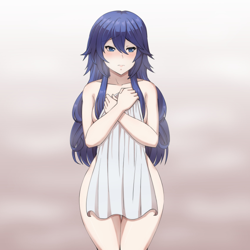1girl alluring bare_thighs blue_eyes blue_hair covering embarrassed female_only fire_emblem fire_emblem_awakening fire_emblem_warriors frown intelligent_systems long_hair looking_away lucina_(fire_emblem) medium_breasts naked_towel nervous nintendo nude nude_female steam symbol-shaped_pupils thighs towel very_long_hair zerocgm