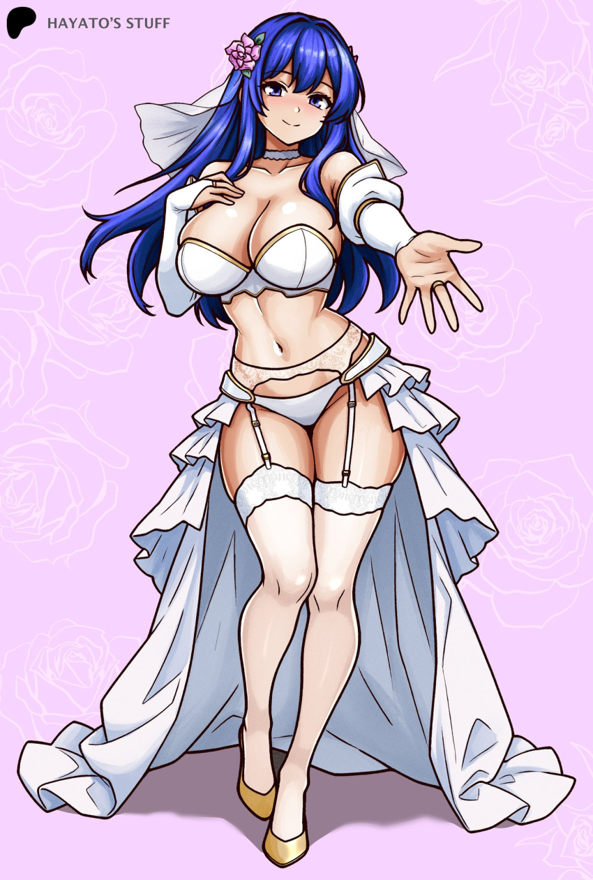 1girl alluring big_breasts blue_eyes blue_hair caeda_(fire_emblem) cleavage fire_emblem fire_emblem_warriors hayato_stuff high_heels intelligent_systems nintendo stockings wedding_lingerie