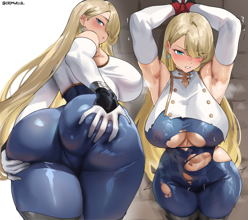 1girl ass_grab big_breasts blonde_hair blue_eyes brown_dust_(series) brown_dust_2 bubble_butt cleavage cromwellb horny inviting_to_sex looking_at_viewer pose standing teasing thick_thighs wilhelmina_(brown_dust)