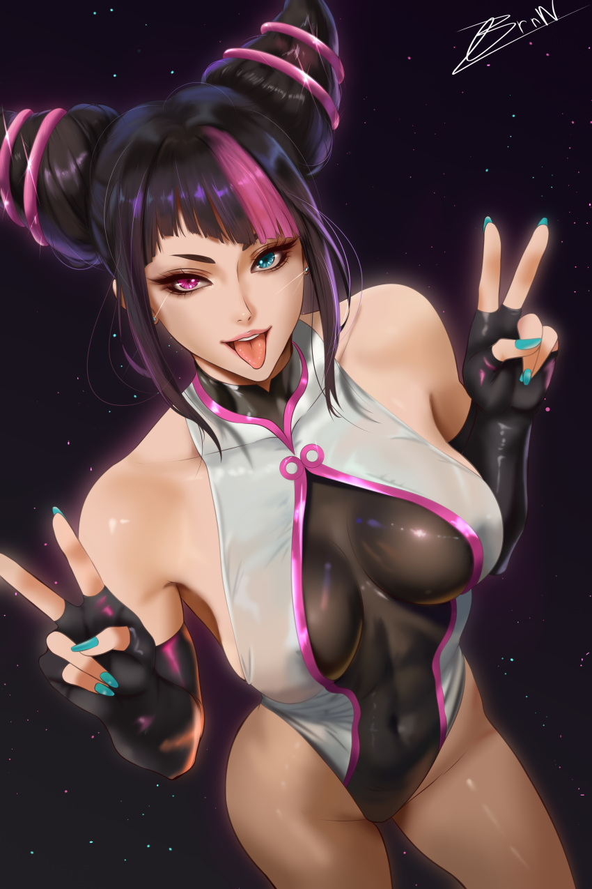 1girl big_breasts black_and_purple_hair black_hair blue_eyes brnn bubble_butt cleavage horny inviting_to_sex juri_han looking_at_viewer pose purple_eyes purple_hair standing street_fighter teasing thick_thighs