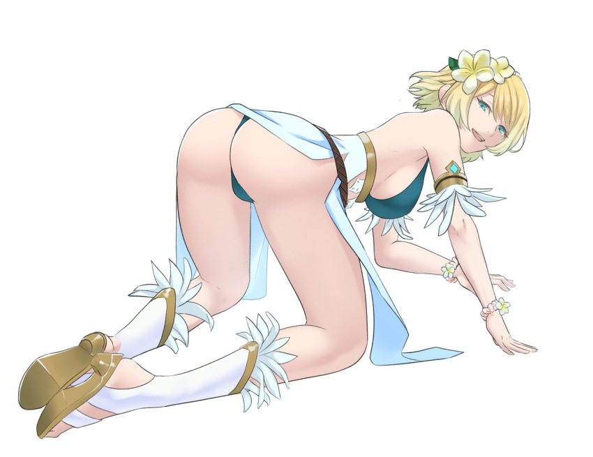 1girl :d all_fours alluring alternate_costume ass big_breasts bikini blonde_and_teal_hair blue_bikini blue_eyes commentary commission female_focus fire_emblem fire_emblem_heroes fjorm_(fire_emblem) fjorm_(summer)_(fire_emblem) flower hair_flower hair_ornament high_heel_sandals intelligent_systems legs looking_at_viewer nintendo official_alternate_costume open_mouth pomelomelon sandals shoe_soles short_hair simple_background smile swimsuit thighs thong white_background