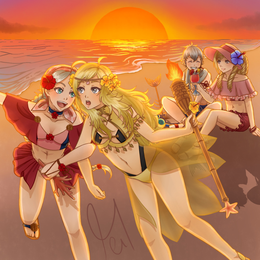 2_girls 2boys ahoge alluring alternate_costume beach blonde_hair blue_eyes braid fire_emblem fire_emblem_fates fire_emblem_heroes forrest_(fire_emblem) grey_eyes high_heel_sandals high_res intelligent_systems kiragi_(fire_emblem) medium_breasts multiple_boys multiple_girls nina_(fire_emblem) nintendo ophelia_(fire_emblem) sandals starlitfairyli1 sunset swimsuit torch white_hair