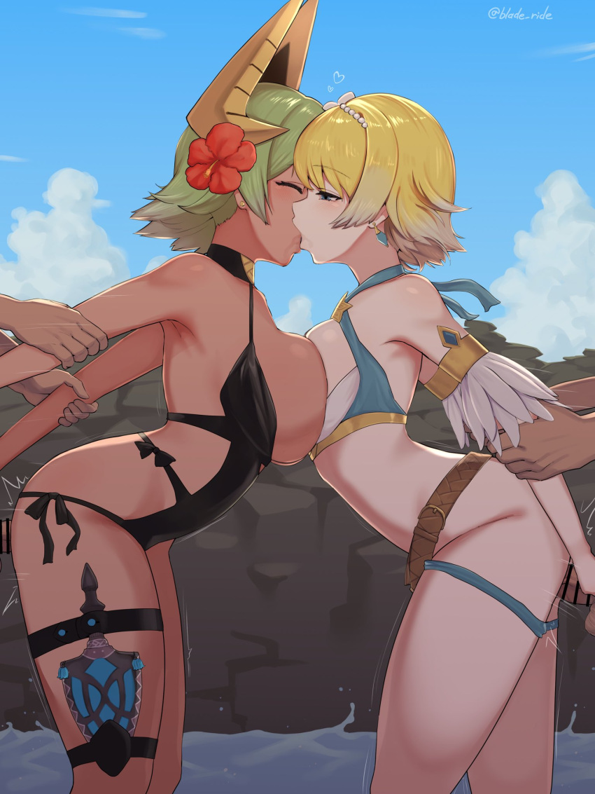 2_girls 2boys aqua_bikini arm_grab arms_behind_back asymmetrical_docking big_breasts bikini bisexual_female black_one-piece_bikini blade_ride blonde_and_teal_hair blue_eyes blue_sky blush breast_press closed_eyes clothed_sex cloud commission dark-skinned_female dark_skin earrings feather_trim fire_emblem fire_emblem_heroes fjorm_(fire_emblem) fjorm_(summer)_(fire_emblem) flower gold_horns gradient_clothes gradient_hair green_hair hair_flower hair_ornament half-closed_eyes hibiscus high_res intelligent_systems jewelry kissing laegjarn_(fire_emblem) laegjarn_(summer)_(fire_emblem) medium_breasts multicolored_hair multiple_boys multiple_girls nintendo official_alternate_costume one-piece_bikini orange_hair outside sex sex_from_behind short_hair skeb_commission sky standing standing_sex swimsuit water
