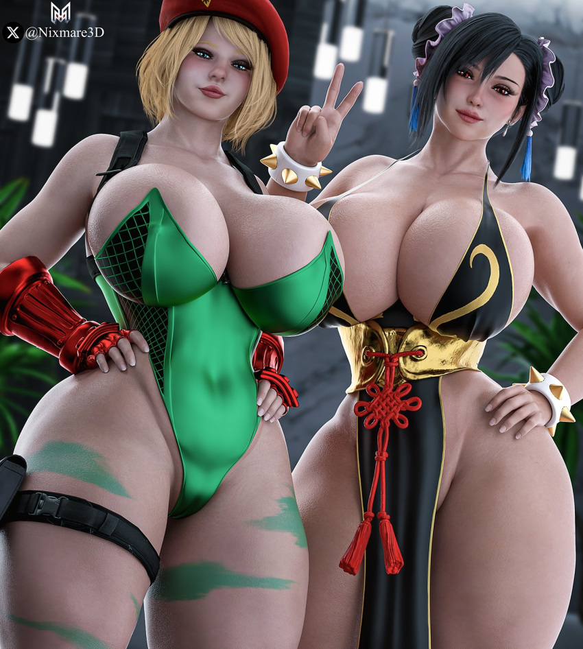 2_girls 2girls ashley_graham big_breasts black_hair blonde_hair blue_eyes bubble_butt cammy_white_(cosplay) chun-li_(cosplay) cleavage final_fantasy horny inviting_to_sex looking_at_viewer nixmare nixmare_(artist) pose red_eyes resident_evil resident_evil_4 resident_evil_4_(remake) resident_evil_4_remake standing street_fighter teasing thick_thighs tifa_lockhart
