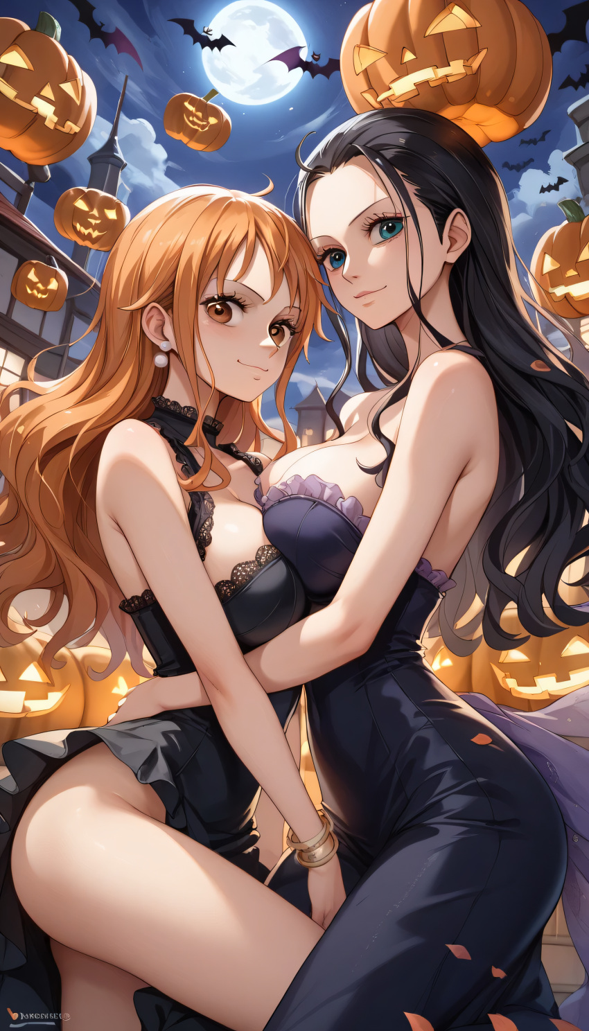2_girls :3 alternate_costume artist_name ass bare_legs bare_shoulders bat_(animal) bats belly big_breasts black_dress black_hair blue_eyes blue_sky blush bracelet breasts brown_eyes building cilkmilk cilkmilk_(artist) cleavage cleavage_cutout clothing_cutout cloud cloudy_sky collarbone couple dress duo english_text eyebrows eyelashes friends full_moon gold_bracelet gold_jewelry halloween hand_on_another's_back hand_on_another's_thigh high_res huge_ass jack-o'-lantern jewelry legs lips long_dress long_eyelashes long_hair looking_at_viewer love moon multiple_girls mutual_yuri nami nami_(one_piece) naughty_face neck nico_robin night night_sky one_piece orange_eyes orange_hair parted_bangs pink_lips pumpkin shiny_skin shonen_jump sky sleeveless sleeveless_dress smile spread_legs standing star star_(sky) starry_sky straight_hair strapless strapless_dress thick_eyebrows thick_eyelashes thick_thighs thighs turtleneck turtleneck_dress very_long_hair wide_hips wings yuri