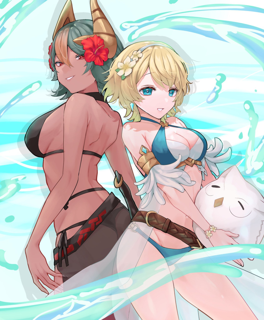 2_girls alluring alternate_costume ass back-to-back big_breasts bikini black_one-piece_bikini blue_bikini blue_eyes breasts character_doll cleavage criss-cross_halter dark-skinned_female dark_skin doll fake_horns feather_trim feh_(fire_emblem_heroes) female_focus fire_emblem fire_emblem_heroes fjorm_(fire_emblem) fjorm_(summer)_(fire_emblem) flower green_hair hair_flower hair_ornament halterneck high_res horns inflatable_toy intelligent_systems laegjarn_(fire_emblem) laegjarn_(summer)_(fire_emblem) medium_breasts multicolored_hair multiple_girls nintendo official_alternate_costume one-piece_bikini orange_hair red_eyes sakura_no_yoru sarong short_hair smile swimsuit teeth thong