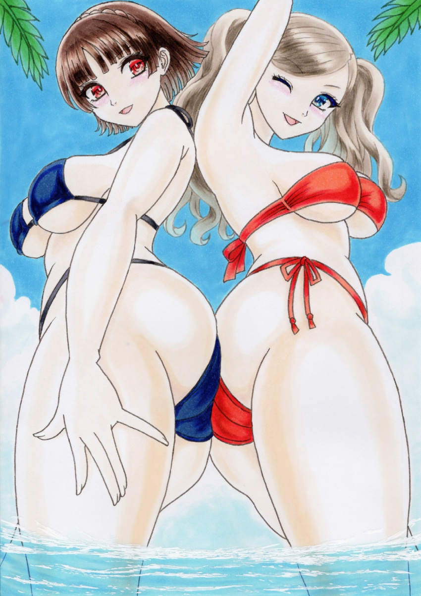2_girls alluring ann_takamaki atlus bikini blonde_hair blue_eyes brown_hair makoto_niijima perle_moon persona persona_5 pin_up red_eyes sega silf underboob