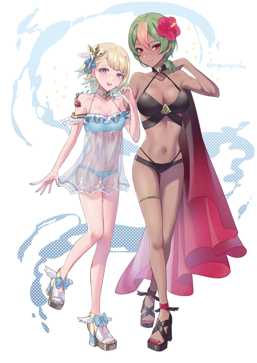 2_girls alluring artist_name big_breasts bikini black_bikini blonde_and_teal_hair blonde_hair blue_bikini blue_eyes choker cleavage closed_mouth dark-skinned_female dark_skin earrings fire_emblem fire_emblem_heroes fjorm_(fire_emblem) gradient_hair green_hair hair_ornament high_heel_sandals high_heels high_res intelligent_systems jewelry laegjarn_(fire_emblem) looking_at_viewer medium_breasts multicolored_hair multiple_girls nail_polish nintendo open_mouth orange_hair red_eyes sakuramotikun sandals see-through_clothes short_hair smile standing swimsuit