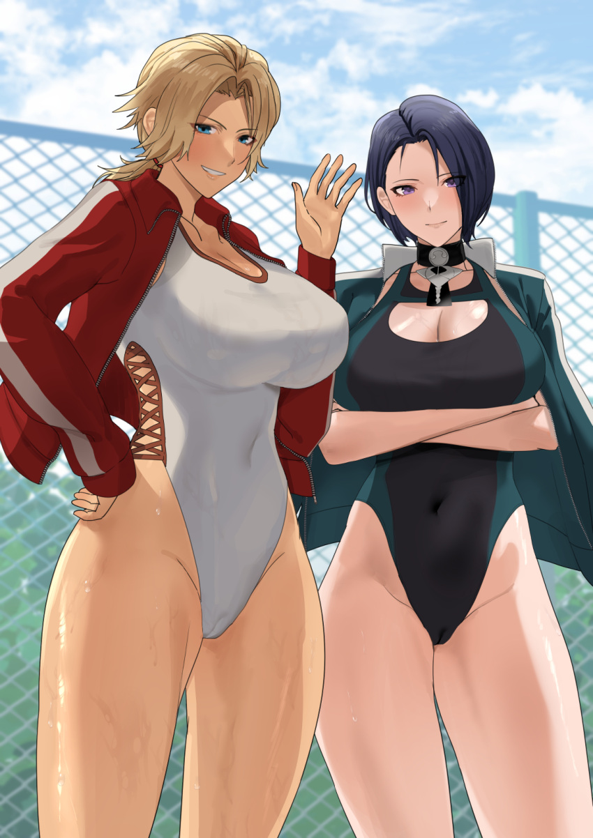 2_girls alluring bare_legs big_breasts blonde_hair blue_eyes blue_hair catherine_(fire_emblem) cleavage commission covered_navel crossed_arms dark-skinned_female dark_skin fire_emblem fire_emblem:_three_houses grin hand_on_own_hip high_res intelligent_systems jacket multiple_girls nintendo one-piece_bikini open_clothes open_jacket oyatsu_0 ponytail purple_eyes red_jacket shamir_nevrand short_hair skeb_commission smile swimsuit thick_thighs thighs waving white_one-piece_bikini