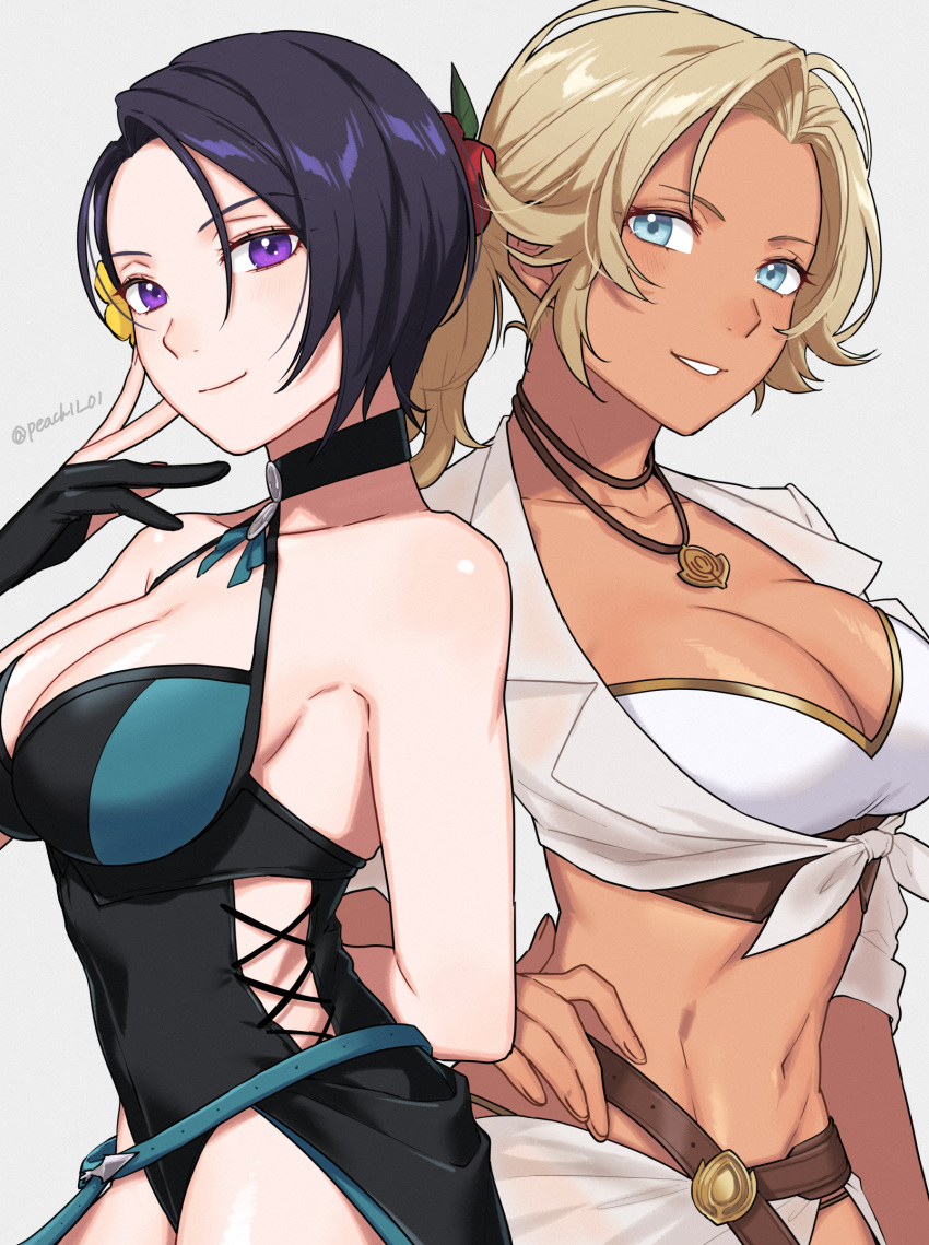 2_girls alluring bare_shoulders big_breasts bikini black_one-piece_bikini blonde_hair blue_eyes catherine_(fire_emblem) catherine_(summer)_(fire_emblem) cleavage dark-skinned_female dark_skin fire_emblem fire_emblem:_three_houses fire_emblem_heroes high_res intelligent_systems looking_at_viewer multiple_girls navel nintendo official_alternate_costume one-piece_bikini peach11_01 purple_eyes shamir_nevrand shamir_nevrand_(summer) shamu_(peach11_01) short_hair swimsuit white_bikini