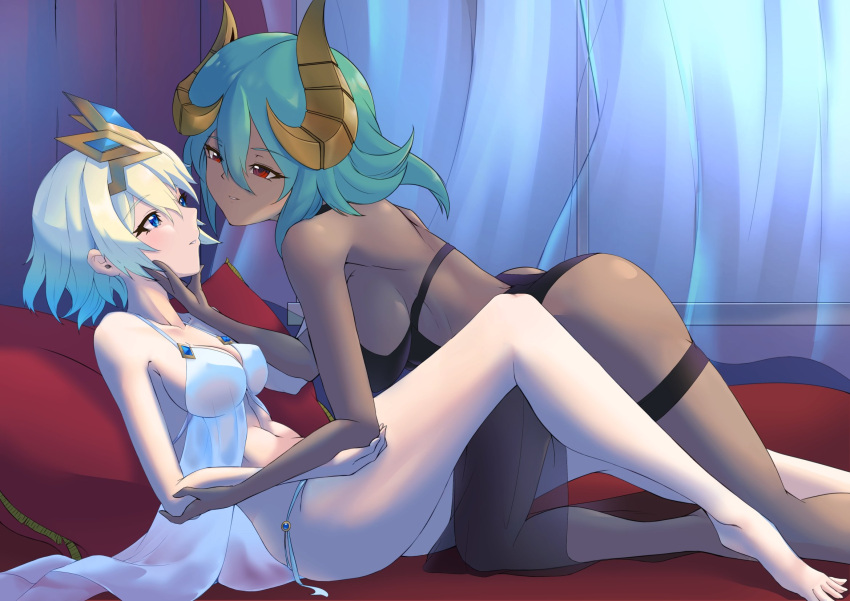 2_girls alluring barefoot bed big_breasts bikini black_bra black_panties black_vs_white blonde_and_teal_hair blue_eyes brain curtains dark-skinned_female dark_skin deekei fake_horns female_focus fire_emblem fire_emblem_heroes fjorm_(fire_emblem) from_side girl_on_top green_hair high_res horns intelligent_systems laegjarn_(fire_emblem) laegjarn_(summer)_(fire_emblem) lingerie multiple_girls nintendo panties pillow red_eyes short_hair silf small_breasts swimsuit underwear underwear_only window yuri