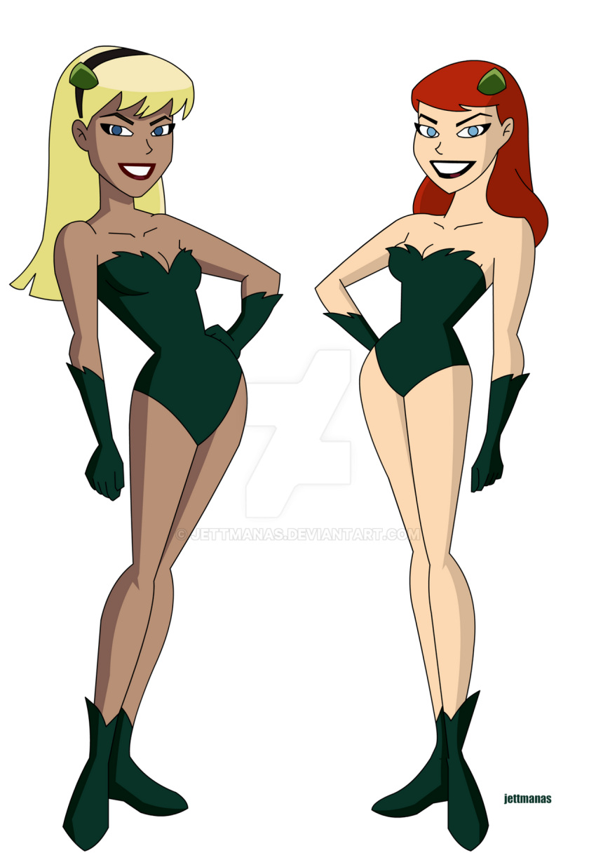 2_girls alternate_costume arm_at_side barbara_gordon bare_legs bare_shoulders batgirl batman:_the_animated_series batman_(series) black_hairband black_lipstick blonde_female blonde_hair blue_eyes boots breasts brown_hair cleavage clenched_hand collarbone contrapposto cosplay dc_comics dcau female_only footwear friends full_body gloves green_boots green_footwear green_gloves green_leotard grin hair_ornament hairband hand_on_hip heroine jettmanas jettmanas_(artist) kara_zor-el kryptonian legs legs_together leotard lips lipstick long_hair looking_at_viewer makeup medium_breasts multiple_girls naughty_face neck parted_lips poison_ivy poison_ivy_(cosplay) pose posing red_hair red_lipstick small_breasts smile standing straight_hair strapless strapless_leotard supergirl superheroine superman:_the_animated_series superman_(series) symmetry thighs transparent_background