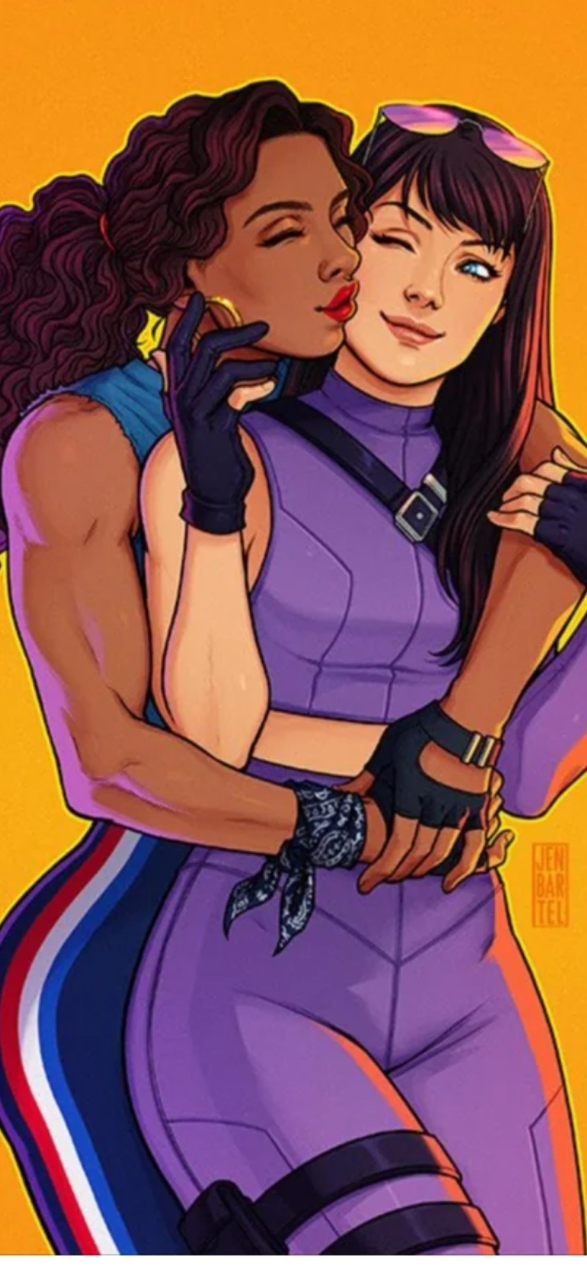 2_girls america_chavez artist_request avengers bare_arms bare_shoulders black_gloves black_hair blue_bodysuit blue_eyes bodysuit breasts brown_hair cheek_kiss closed_eyes closed_mouth couple curly_hair dark-skinned_female dark_skin duo earrings female/female female_only fingerless_gloves from_behind_position gloves gold_earrings gold_jewelry hands_up hawkeye_(series) head_tilt heroine holster hoop_earrings hug_from_behind hugging hugging_from_behind interracial interracial_yuri jewelry kate_bishop kissing kissing_cheek lips lipstick long_hair looking_at_another looking_back love makeup marvel marvel_comics medium_breasts midriff miss_america multiple_girls mutual_yuri naughty_face neck one_eye_closed orange_background pants pink_lipstick ponytail purple_glasses purple_pants purple_shirt purple_sunglasses red_lipstick romantic romantic_couple shirt simple_background sleeveless sleeveless_bodysuit sleeveless_shirt sleeveless_turtleneck small_breasts smile standing straight_hair sunglasses sunglasses_on_head superhero_costume superheroine tied_hair turtleneck turtleneck_shirt wavy_hair wince wink young_avengers yuri